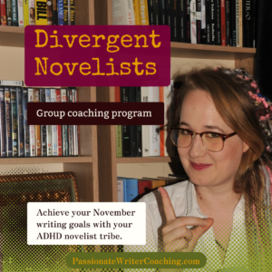 Divergent novelists promotional image. Tag line: achieve your november writing goals with your ADHD novelist tribe.