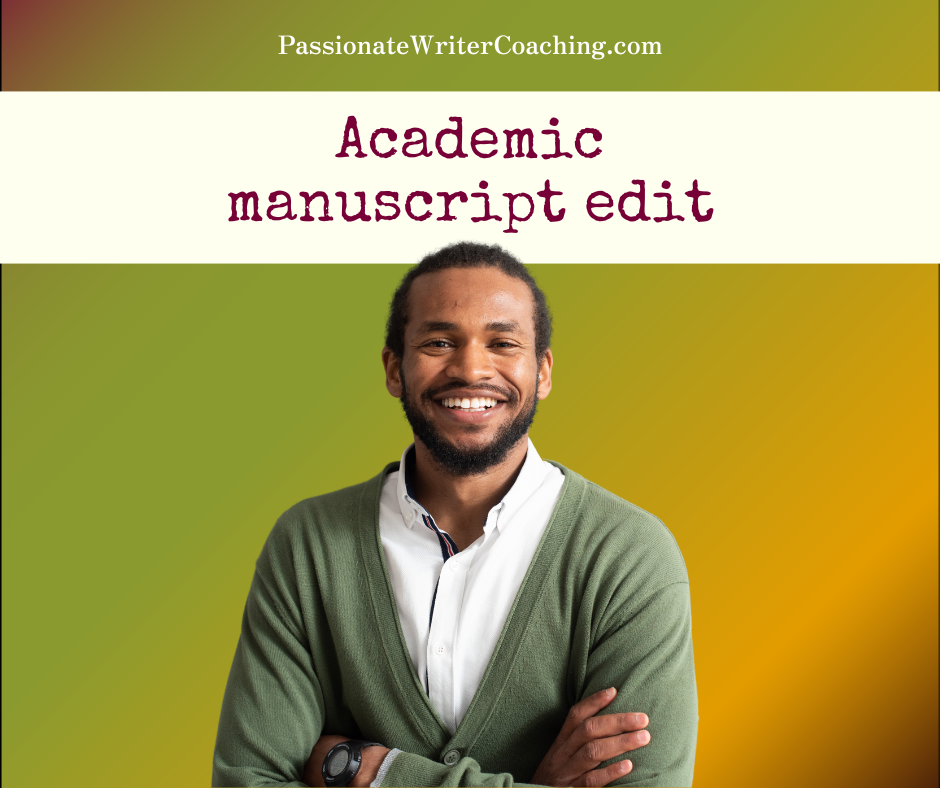 Man against colorful background stands in front of a banner that says "academic manuscript edit"