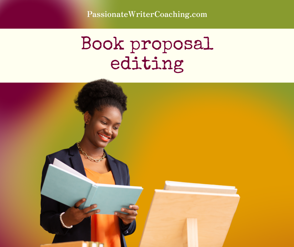 Woman against colorful background with the text "book proposal editing."