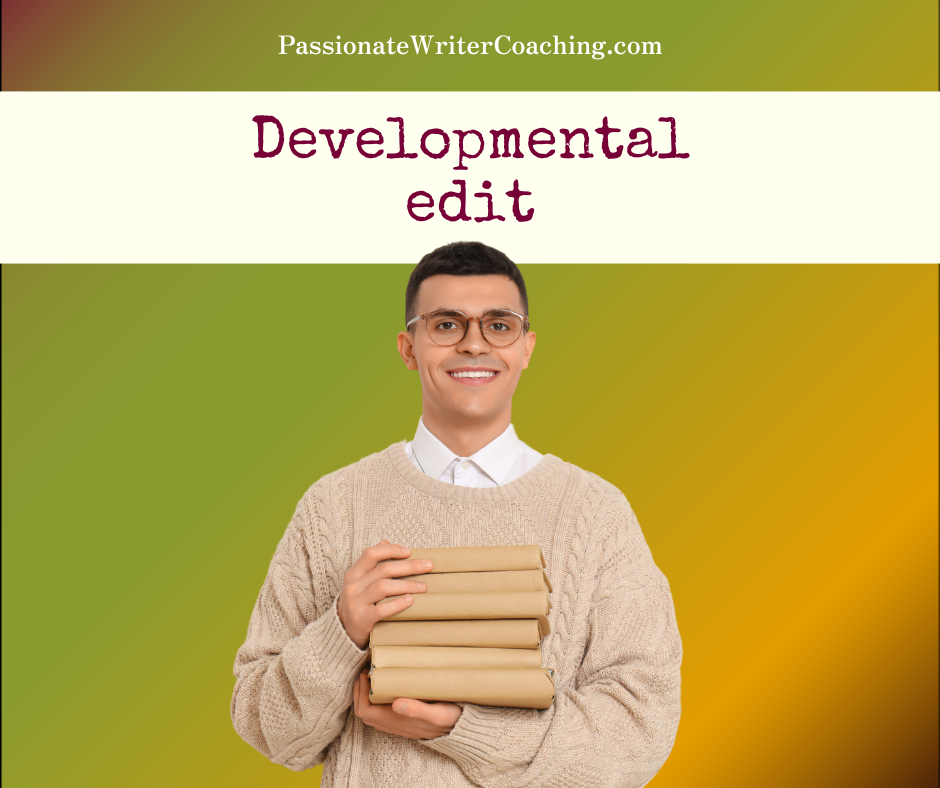 A man with a stack of books in his arms against a colorful background, with the text "Developmental edit."