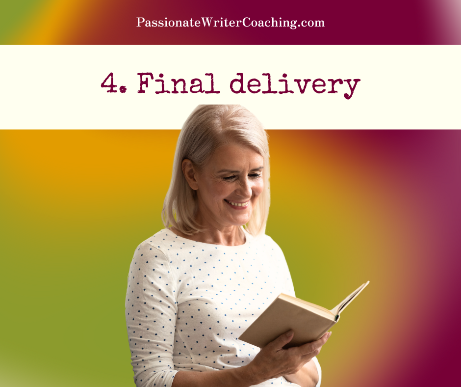 Image for part four of ADHD ghostwriting services: a happy woman reading her own book against a colorful background with the text: 4. Final delivery.