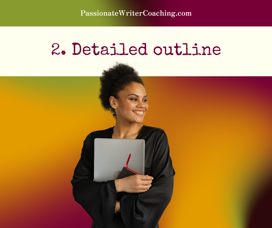 Image for part two of ADHD ghostwriting services: a woman clutching a stack of papers against a colorful background with the text: 2. Detailed outline