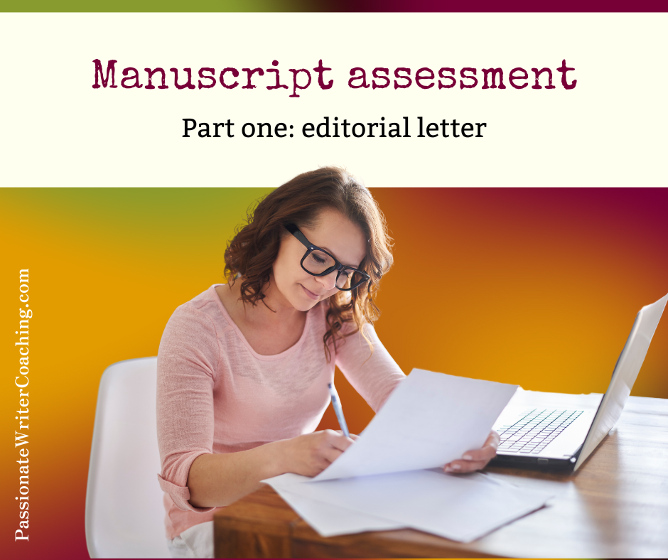 happy writer against colorful background with the text: Manuscript Assessment part one: editorial letter