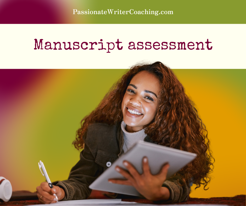 Image of a happy writer with colored background with the text "manuscript assessment".