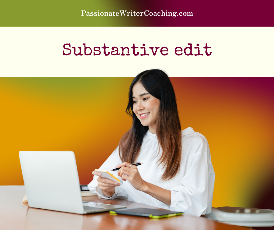 Image of a woman writing at a computer, with a colorful background and the text "substantive edit"