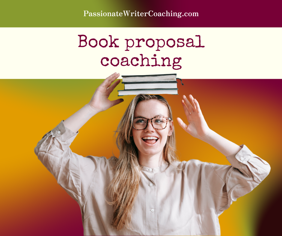 Woman with books on her head against a colorful background with the text "book proposal coaching"